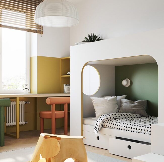 Una habitación infantil moderna con muebles curvos