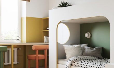 Una habitación infantil moderna con muebles curvos