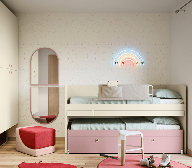 Habitación infantil con paredes de color turquesa claro y muebles